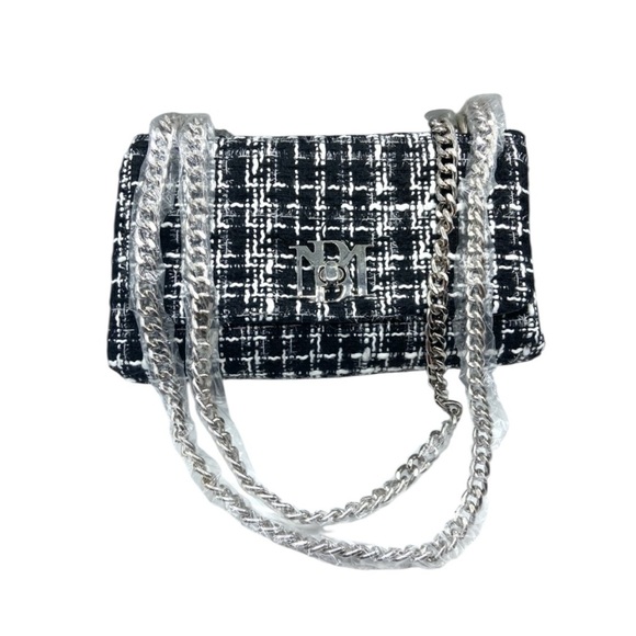 Badgley Mischka Black and White Tweed Bag with Silver Chain NWT - Picture 1 of 8